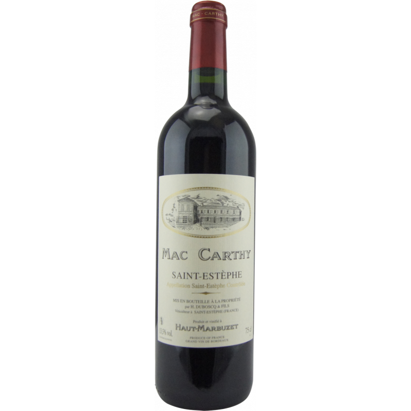 Photographie d'une bouteille de vin rouge mac carthy saint estephe aoc rouge 2018 75 cl