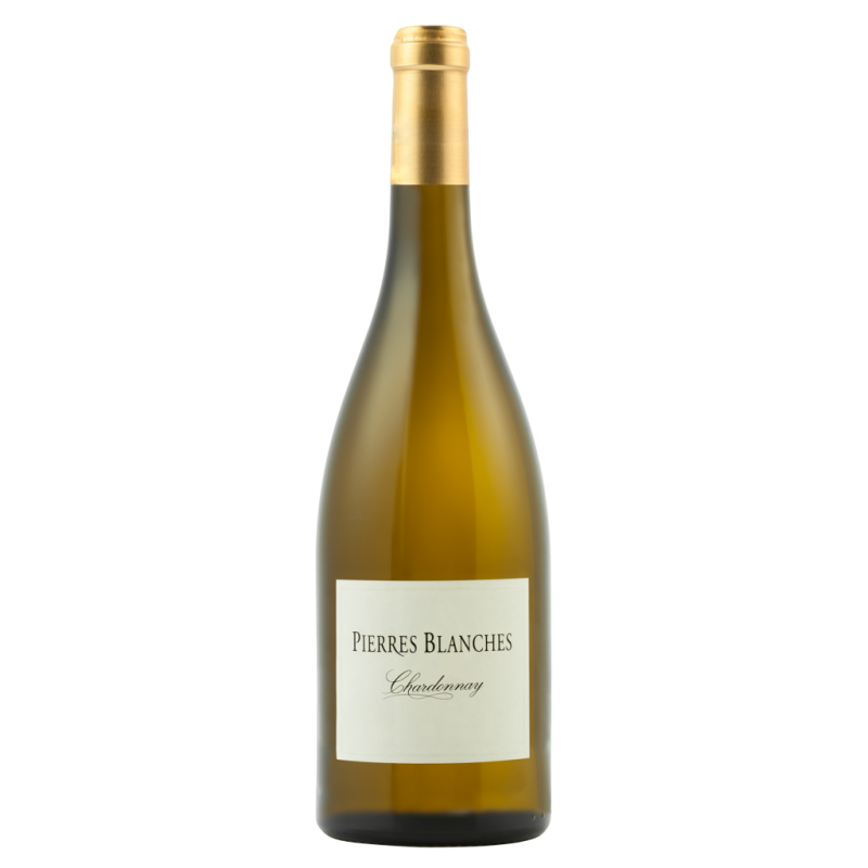 Photographie d'une bouteille de vin blanc Les Pierres Blanches Chardonnay Boise