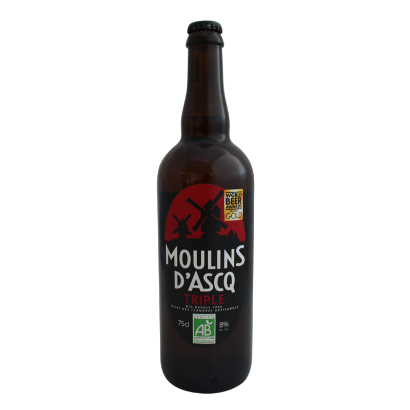 Photographie d'une bouteille de bière Moulins d'Ascq Triple Bio 75cl