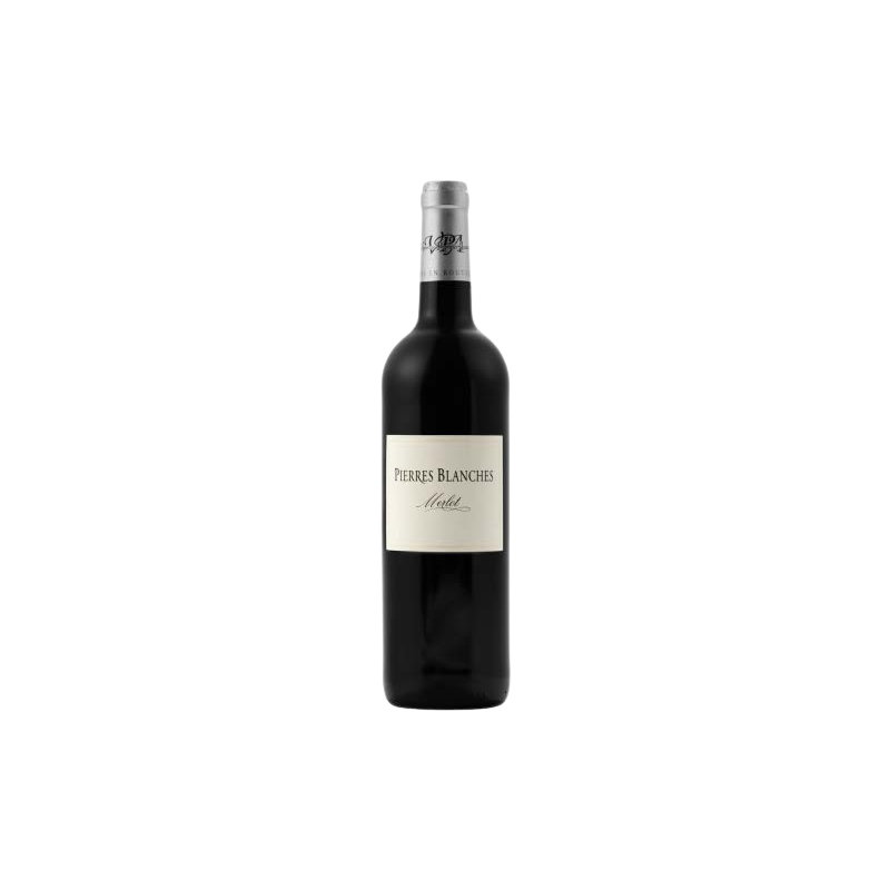 Photographie d'une bouteille de vin rouge Les Pierres Blanches Merlot