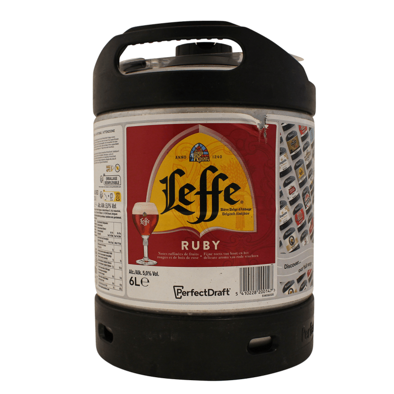 Photographie d'un fût de bière Leffe Ruby Fût 6L