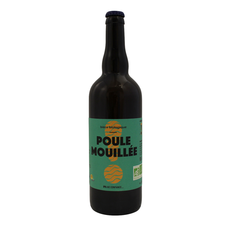 Photographie d'une bouteille de bière Poule Mouillée IPA 75cl