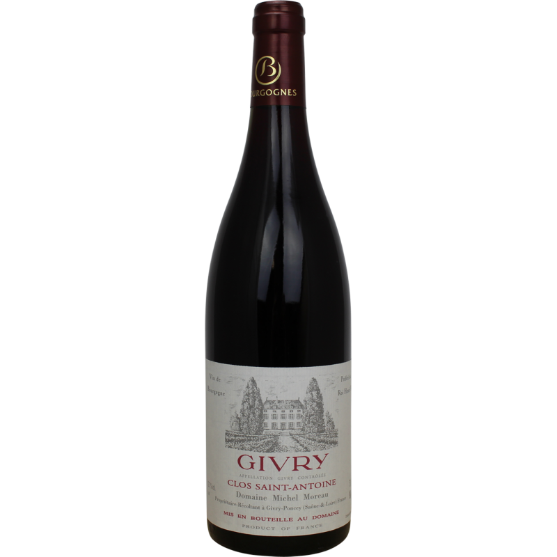 Photographie d'une bouteille de vin rouge givry clos saint antoine michel moreau