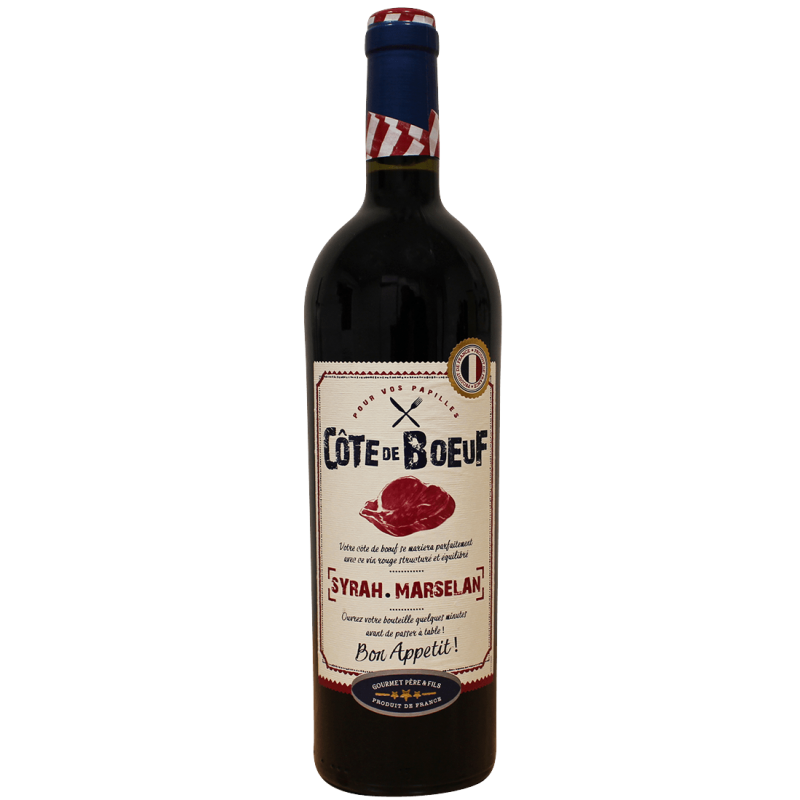 Photographie d'une bouteille de vin rouge Côte de Boeuf IGP Pays d'Oc 75 cl